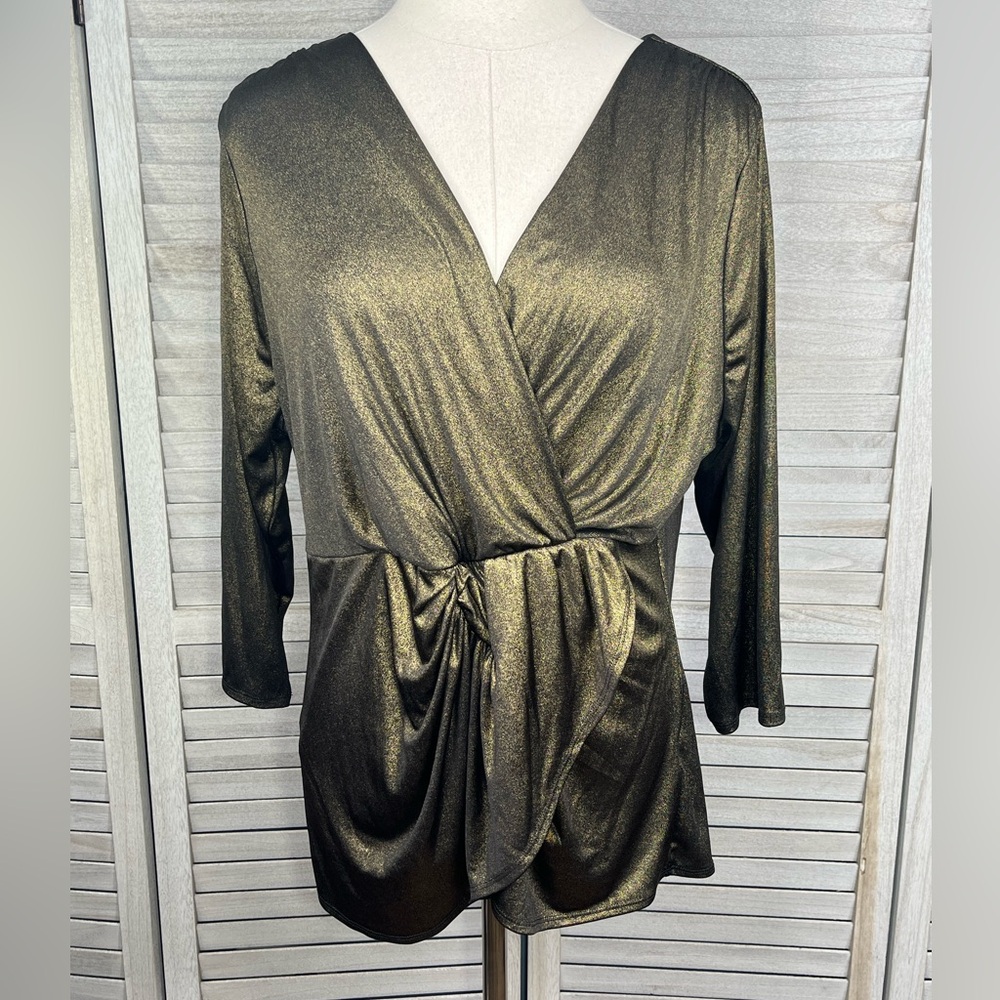 THALIA SODI Gold Metallic Wrap Front Blouse-XL